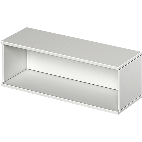 White, rectangular wall shelf. Closed on top, bottom and sides, open at the front.