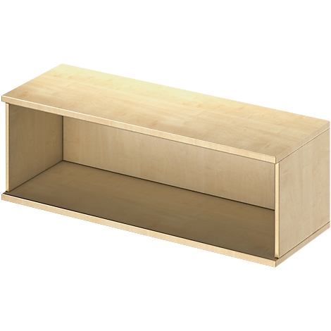 Light brown rectangular wall shelf. The front and sides are open.