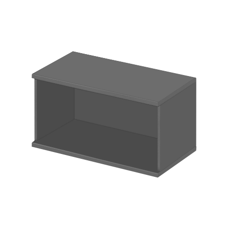 Gray wall shelf with an open interior. Top and bottom slightly protruding.