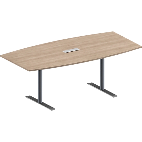 Een lichtgekleurde, ovale vergadertafel met grijze poten. Er zit een zilverkleurig element op het tafelblad. De tafel staat tegen een neutrale achtergrond.