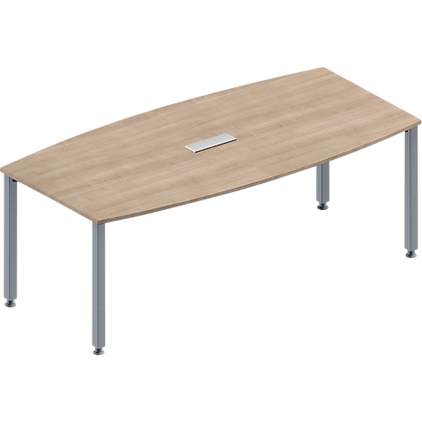 Een ovale, lichtbruine tafel met vier grijze poten en een verzonken zilveren plaat.
