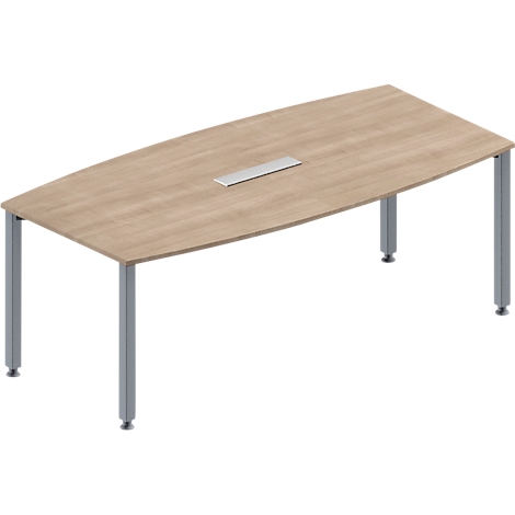 Een ovale vergadertafel met houtlook, zilveren poten en een zilveren gedeelte in het midden.