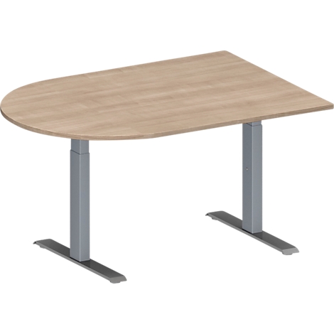 Lichtbruine ergonomische bureau, halfrond aan één kant en rechthoekig aan de andere kant. Het staat op twee grijze, in hoogte verstelbare poten.
