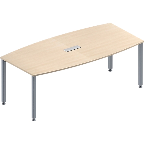 Beige vergadertafel met zilveren metalen poten en een rechthoekige uitsparing.