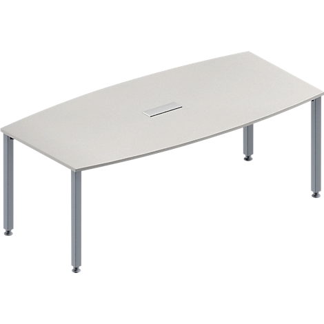Witte ovale vergadertafel met zilveren poten. In het midden van het tafelblad bevindt zich een verzonken zilveren paneel.