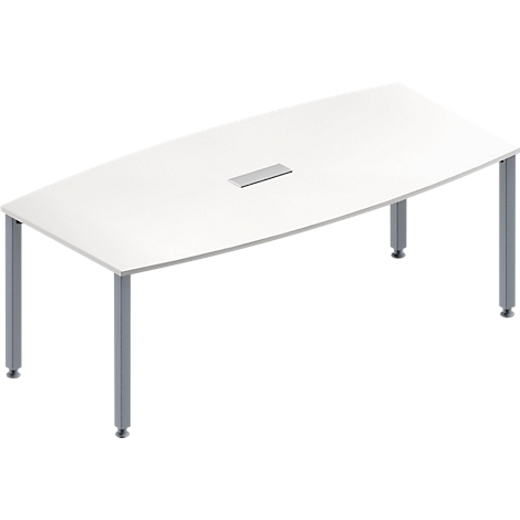 Een witte, ovale vergadertafel met zilverkleurige poten en een ingebouwd stopcontact.