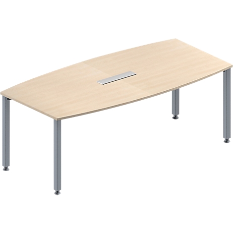 Lichtbruine, ovaalvormige vergadertafel met zilveren poten en een zilveren uitsparing in het midden.
