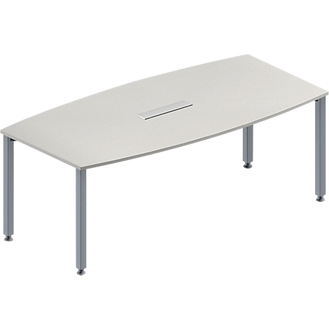 Een lichte, ovale vergadertafel met grijze metalen poten en een rechthoekige inzet in het midden.