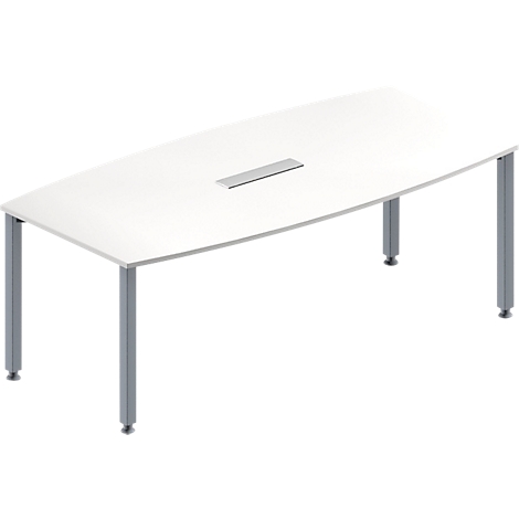 Een witte, ovale vergadertafel met zilveren poten en een ingebouwd paneel voor mediatechnologie.
