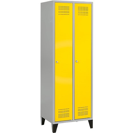 Casier gris avec deux portes jaunes, de petites poignées et des trous de ventilation.