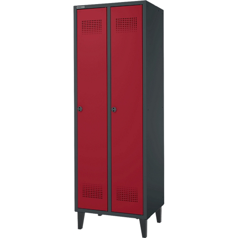 Un casier gris avec deux portes rouges. Chaque porte a une fente de ventilation et un petit bouton.