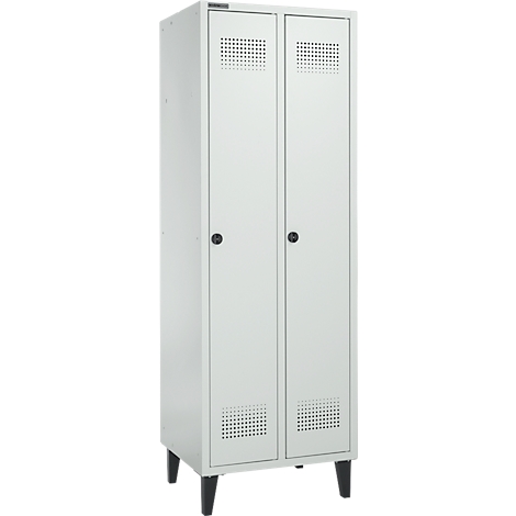 Casier blanc avec deux portes, poignées noires, trous de ventilation perforés et pieds noirs.
