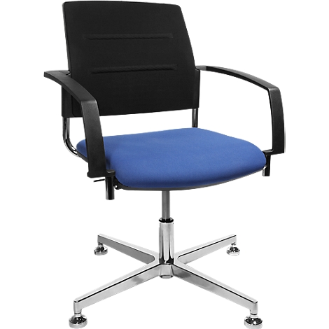 Office chair with black back, blue seat, and silver frame.