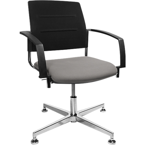 Office chair with gray seat and black backrest. The armrests are black and the base is chrome.