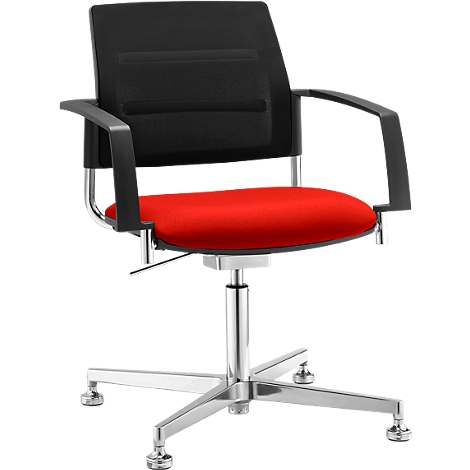 Office chair with red seat, black back and armrests, chrome frame.