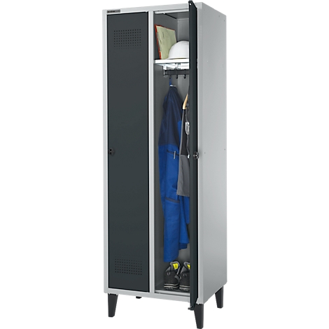 An open locker, blue work outfit, helmets, shoes, documents.
