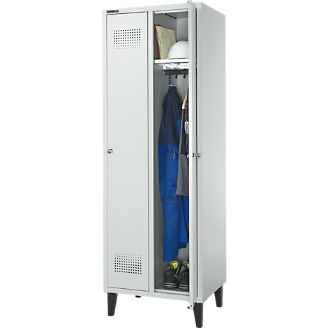 An open gray locker, partially filled with work clothes and a helmet.