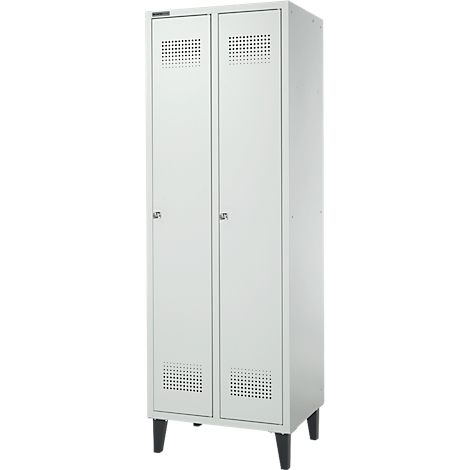 White double locker with holes in the doors and black feet.
