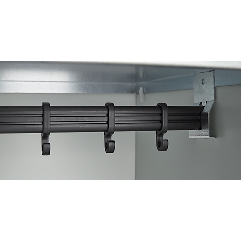 Dark grey clothes rail with hooks, mounted under a cabinet. The background is grey.