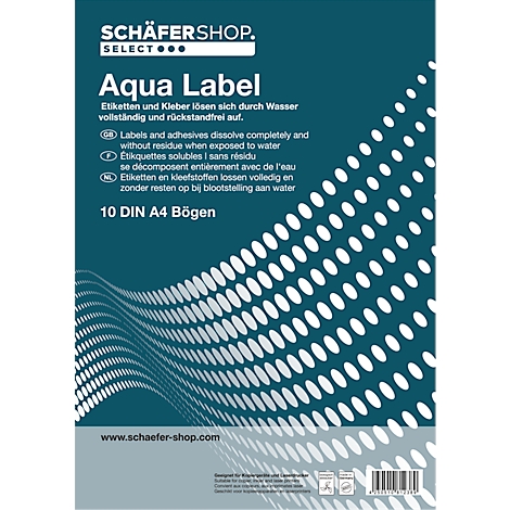 Titel: Aqua Label. Beschreibung: Blaues Etikettenpapier mit weißer Schrift. Text in mehreren Sprachen.