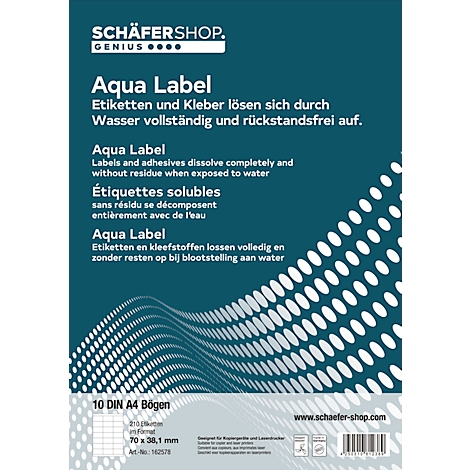 Product packaging featuring 'Aqua Label' in German, English, French, and Dutch. Labels dissolve without residue.