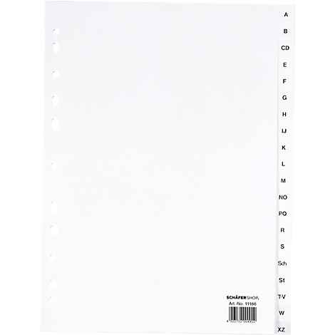 Índice blanco con etiquetas alfabéticas y perforaciones. Impresión: "SCHÄFER SHOP".