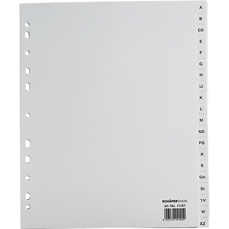 Registro blanco con letras alfabéticas, perforación y logotipo del fabricante.