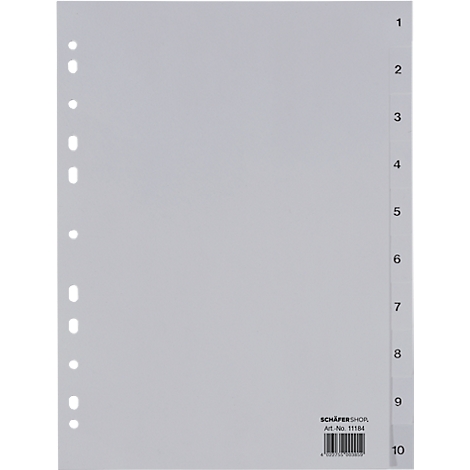 Pestaña divisoria gris con 10 secciones numeradas. Las perforaciones están a la izquierda. En la parte inferior pone: SCHÄFER SHOR.