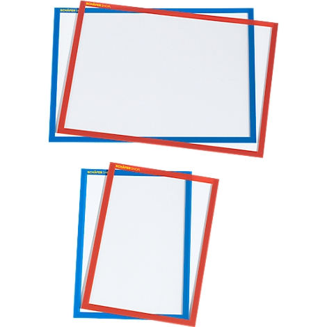 Varios marcos transparentes con bordes rojos y azules están superpuestos.