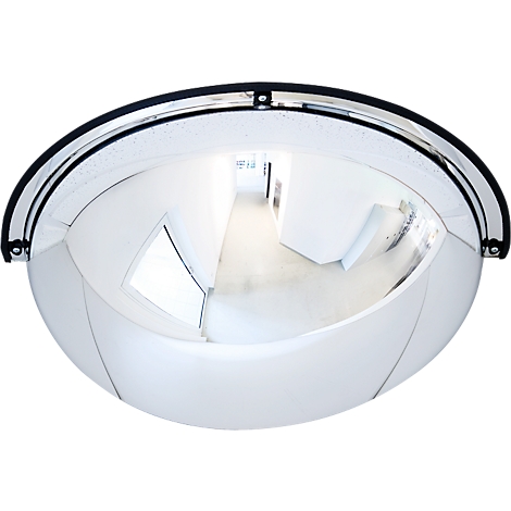 Miroir dôme rond avec un bord noir reflétant un couloir lumineux.
