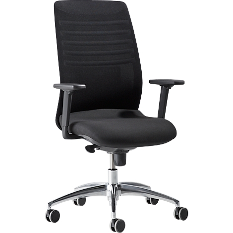 Black office chair with backrest and armrests, standing on castors.