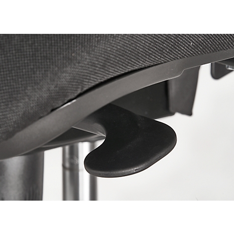 Close-up of a black lever under a black chair, the fabric is gray. The background is white.