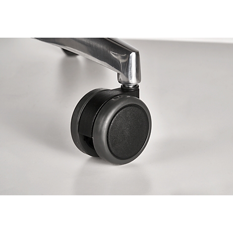 Close-up of a black office chair wheel. The wheel is made of plastic and is attached to a silver metal leg.