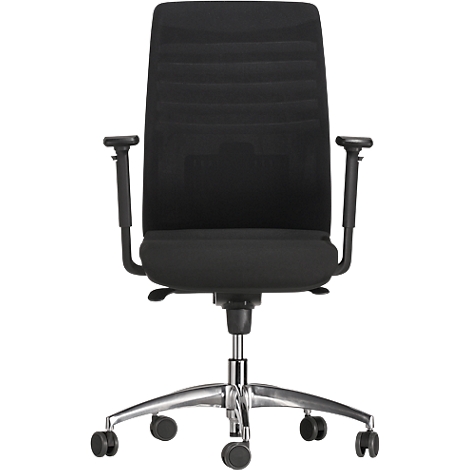 Black office chair with a high back, armrests and castors. The chair has a metallic frame.