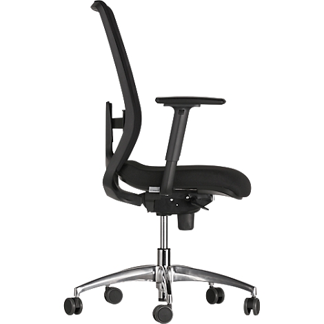 Black office chair, seen from the side, with mesh back and chrome base.