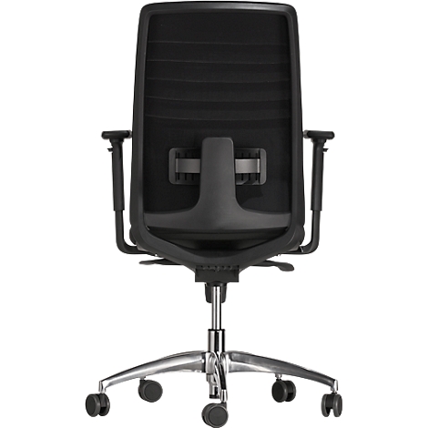 Back view of a black office chair with adjustable armrests and wheels.