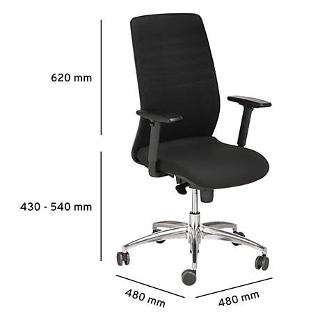Black office chair on white background with dimensions. Height 620 mm, seat height 430-540 mm, width 480 mm.