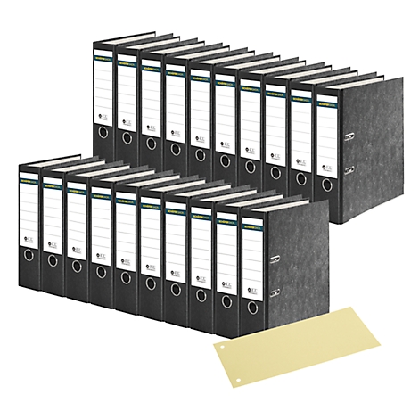 Mehrere schwarze Aktenordner, aufgereiht und teilweise geöffnet, daneben ein gelbes Registerblatt.