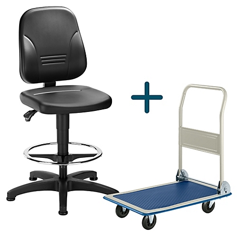 Schwarzer Arbeitsstuhl und blauer Rollwagen, durch ein Pluszeichen verbunden.