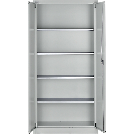 Armario metálico gris con puertas abiertas. Cuatro estantes en el interior. Fondo blanco.