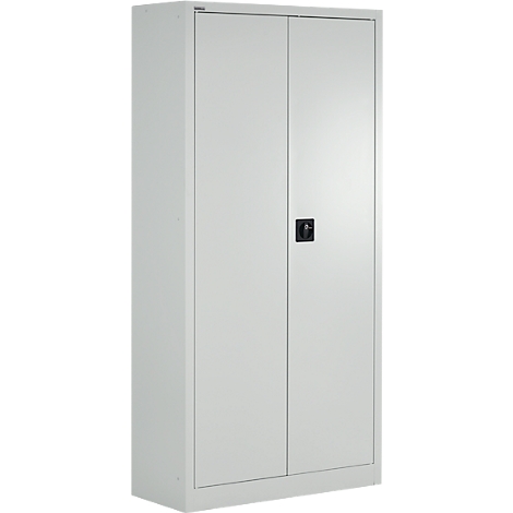 Armario alto de acero gris claro con dos puertas y un tirador negro.