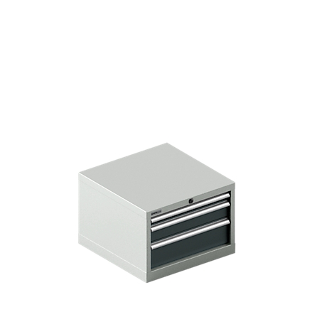 Une boîte à outils grise avec trois tiroirs sur fond blanc.