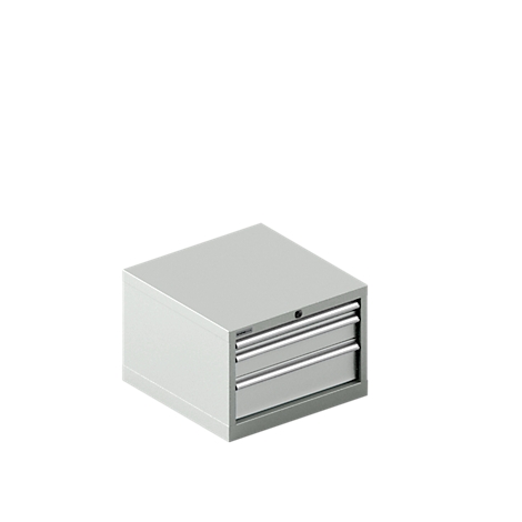 Un coffre à outils gris avec trois tiroirs sur fond blanc.