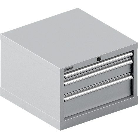 Armoire à outils grise avec trois tiroirs et poignées en acier inoxydable.
