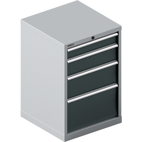 Armoire à outils grise avec quatre tiroirs, poignées en métal et serrure.