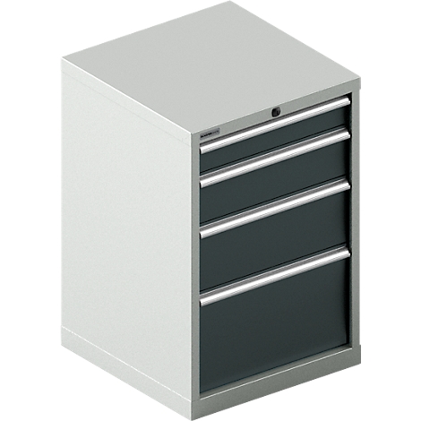 Armoire à outils grise avec quatre tiroirs et poignées argentées.