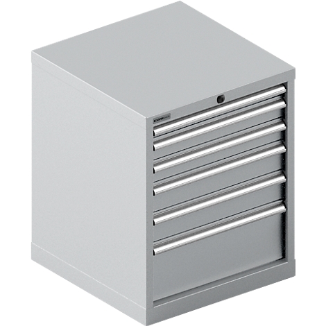 Armoire à outils grise avec 5 tiroirs et poignées argentées.