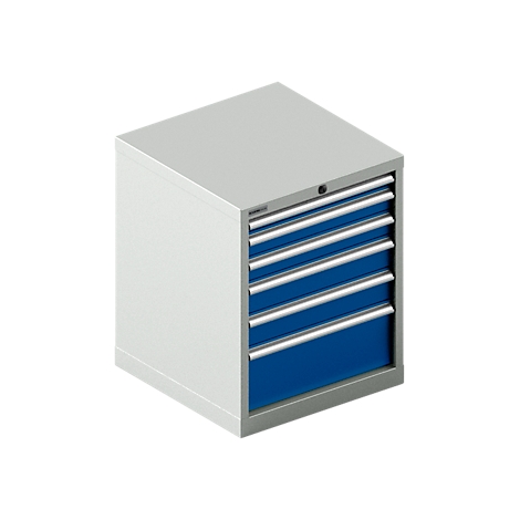 Une armoire à outils grise et bleue claire, avec six tiroirs, sur fond blanc.