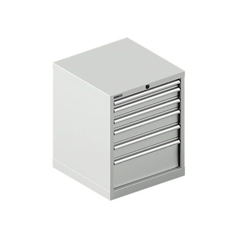 Armoire à outils grise avec six tiroirs et poignées en métal, isolée sur fond blanc.