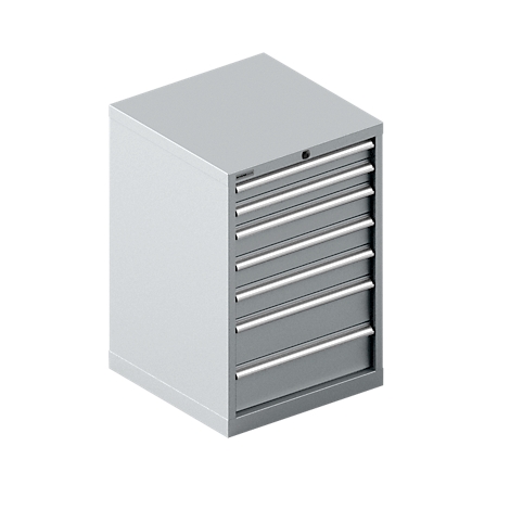 Armoire à outils grise avec sept tiroirs et des poignées argentées. Sur fond blanc.